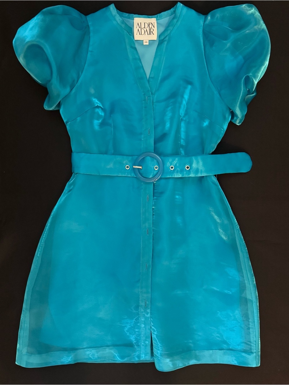 Alden Adair - Stunning Shimmery Teal Belted Organza Mini Dress / XS